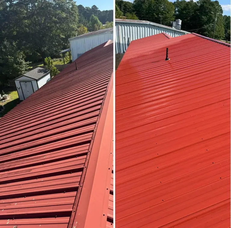 Red metal roof before and after
